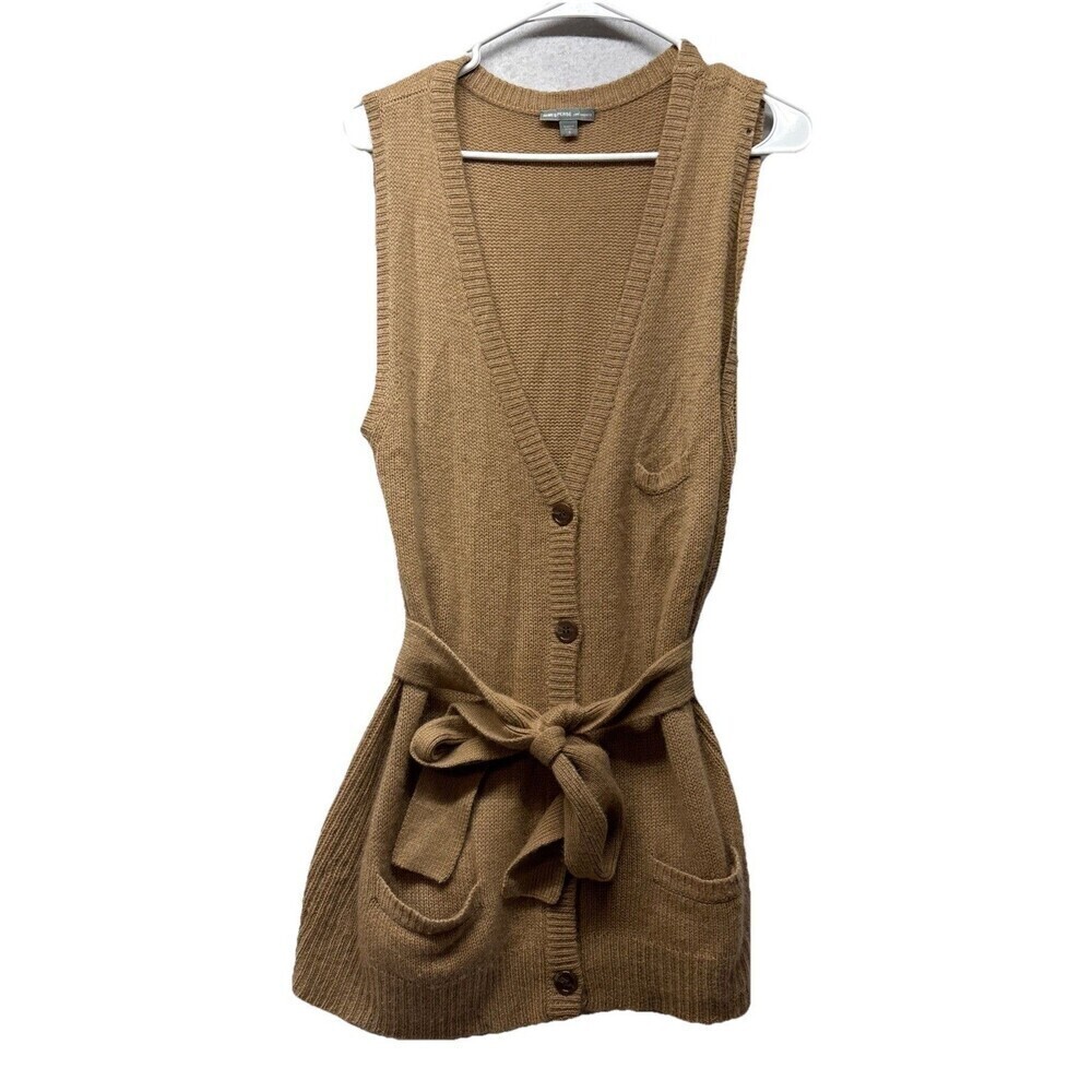 James Perse Sz 3 100% Cashmere Long Cardigan Sweater Tie Belt Sleeveless Tan